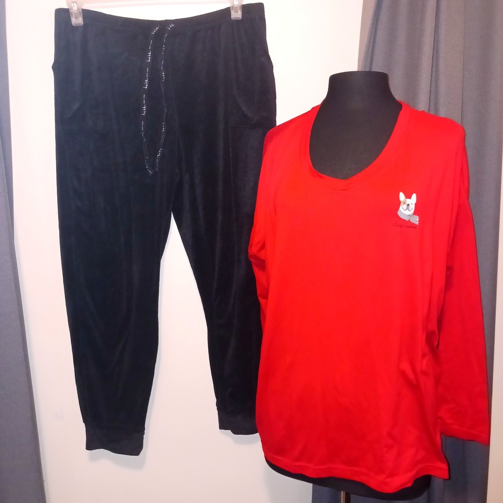 Joyspun Red Frenchie Top & Nicole Miller Black Velour Joggers lounge Set L XL